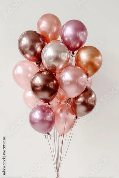Fototapeta A cluster of metallic balloons in various shades of rose gold, blush, and copper
