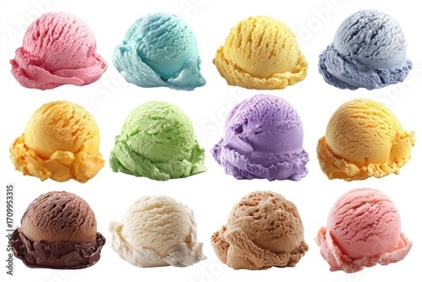 Fototapeta Close-up of assorted ice cream scoops.  A variety of colorful ice cream scoops, various flavors, 