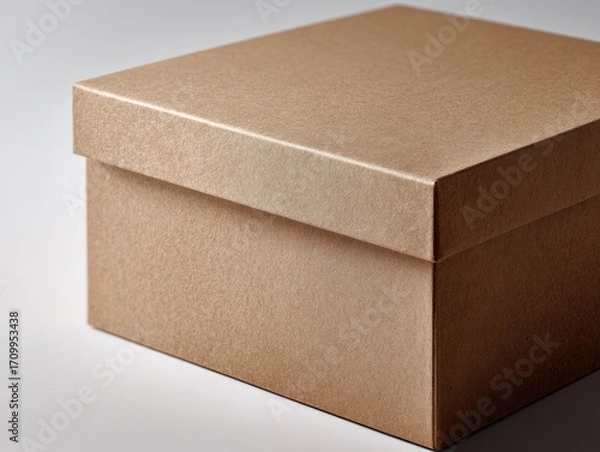 Fototapeta Square, light brown cardboard box.  Close-up, neutral background.  Textured surface