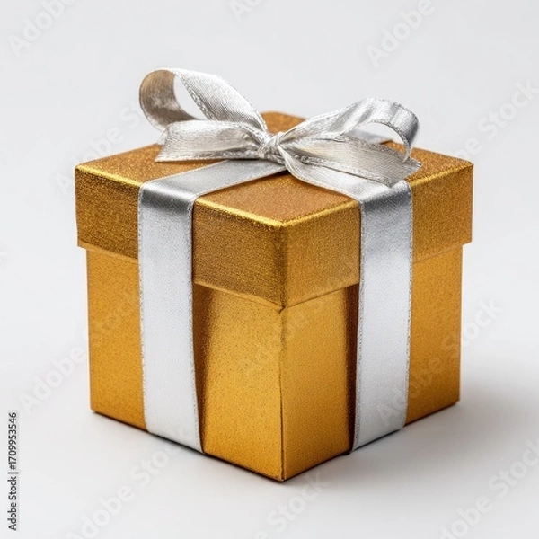 Fototapeta Gold gift box with silver ribbon.  A small, square gift box, gold in color with a metallic shimmer, is presented on a plain white background. 
