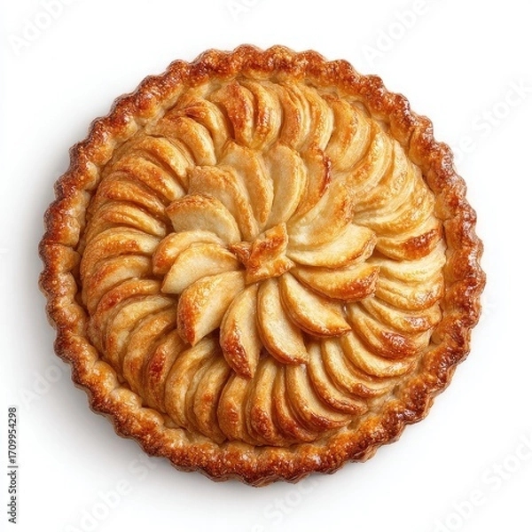 Fototapeta Round apple pie, golden crust, radiating slices