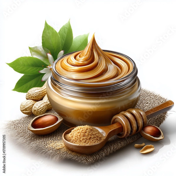Fototapeta Glass jar filled with smooth, creamy peanut butter, surrounded by peanuts, hazelnuts, honey dipper, and brown sugar on rustic fabric surface.