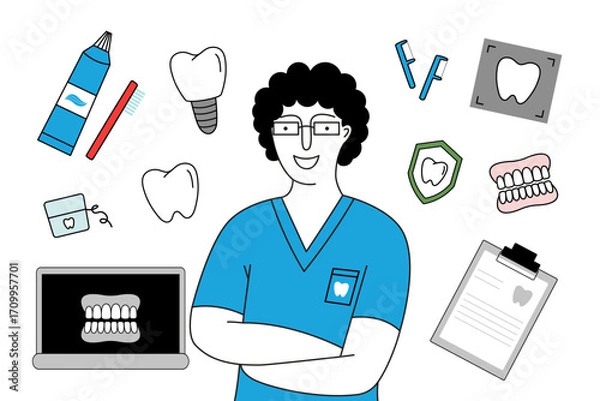 Fototapeta Vector illustration of a smiling dentist character surrounded by dental icons.