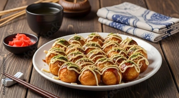 Fototapeta side view of takoyaki on wood table 