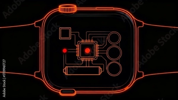 Fototapeta Neon - Lit Smartwatch with Tech Circuit Design, Perfect for Tech Enthusiasts and Wearable Device Lovers