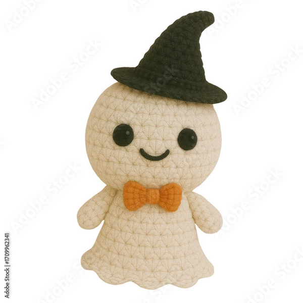 Obraz A cute collection of Halloween crochet clipart featuring amigurumi-style plush designs such as pumpkins, ghosts, bats, skeletons, witches, and candy. Each element is hand-crafted.