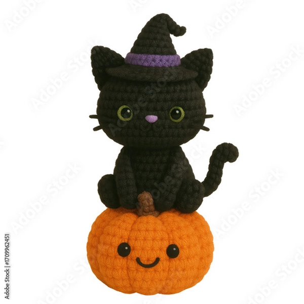 Obraz A cute collection of Halloween crochet clipart featuring amigurumi-style plush designs such as pumpkins, ghosts, bats, skeletons, witches, and candy. Each element is hand-crafted.