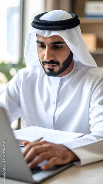 Obraz Focused Emirati businessman working on laptop in a modern office setting.