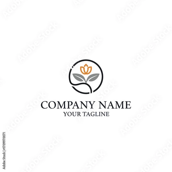 Fototapeta A minimalist logo design featuring a stylized orange flower bud with two dark leaves enclosed in a black circular outline, accompanied by placeholder company text.