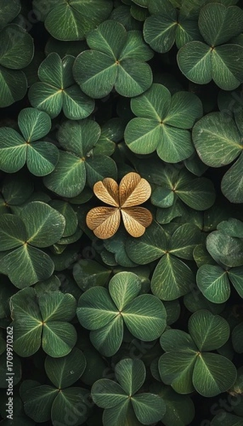 Fototapeta A single golden fourleaf clover emerges from a sea of green