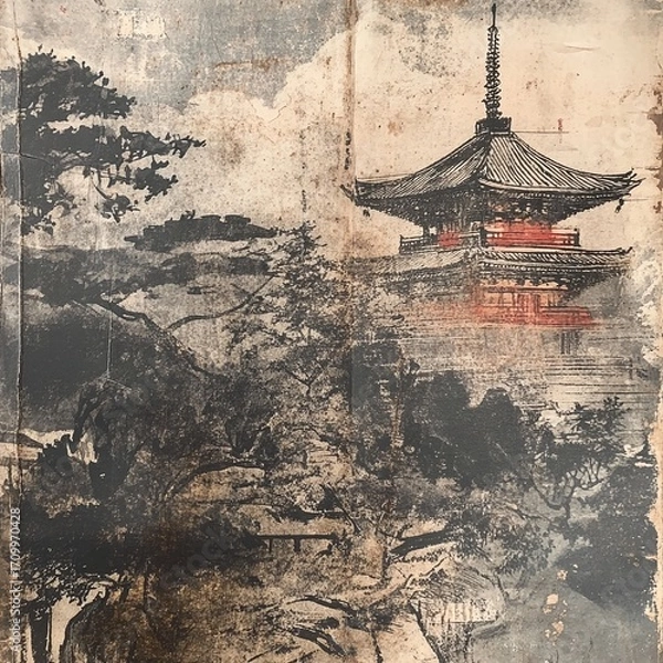 Fototapeta Black and white illustration of a japanese pagoda and forest