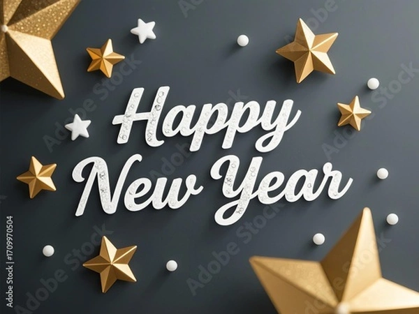 Obraz Elegant white cursive 'Happy New Year' with subtle paper texture on dark gray gradient background, surrounded by 3D gold metallic stars and tiny white specks