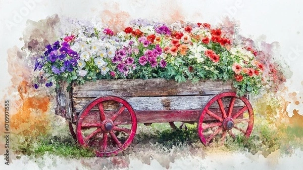 Obraz Rustic wooden wagon filled with vibrant flowers