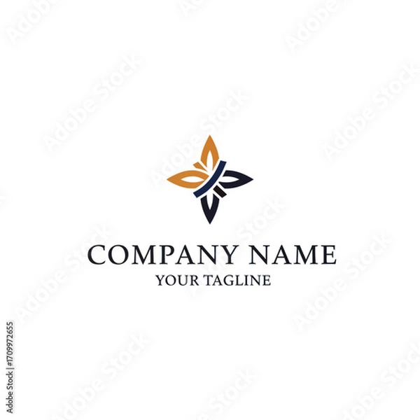 Fototapeta An elegant four-pointed star logo with interwoven gold and blue petals above placeholder company text.
