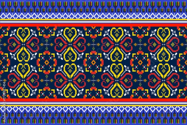 Fototapeta Colorful pixel art seamless pattern with ethnic geometric motifs and decorative borders, ideal for fabric, wallpaper, and digital backgrounds. Popular in Europe and America.