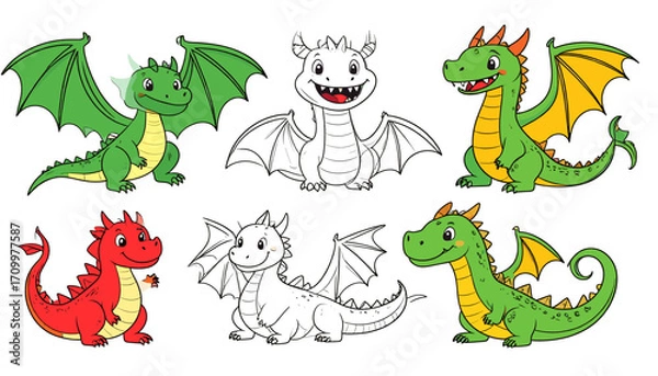 Fototapeta Cartoon dragon set with outline version