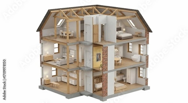 Fototapeta Detailed Cross-Section of a Three-Story House with Interior Design.