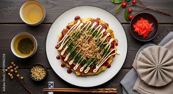 Fototapeta top view of okonomiyaki pancake on wood table 