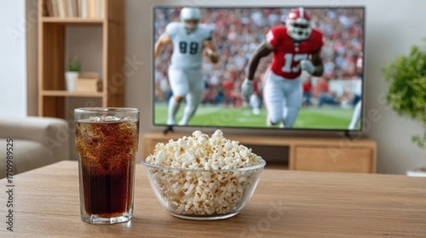 Obraz Refreshments including cola and popcorn on a wooden table while watching a dynamic sports game on TV.