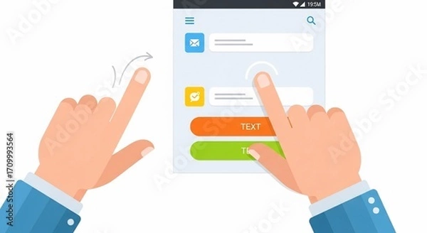 Fototapeta Mobile App Interface with Hands Interacting, Swiping and Tapping on Buttons