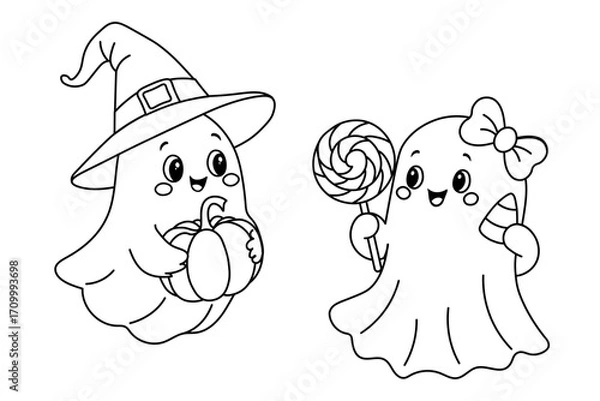 Obraz Cute Halloween Ghosts, isolated on a clean background. Adorable vector illustration of smiling Halloween ghosts with pumpkin and candy. Perfect for kids' designs, coloring pages, and holiday projects