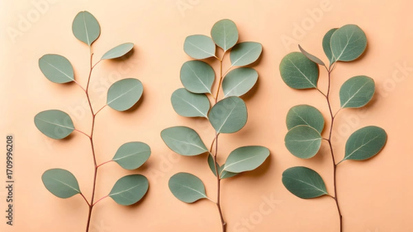 Obraz Three eucalyptus branches with round leaves on peach background