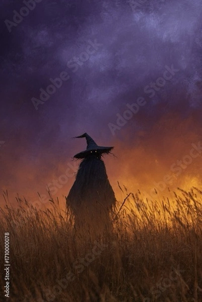 Fototapeta Un'illustrazione digitale stilizzata raffigura una figura di strega in silhouette contro un tramonto tempestoso in un campo di grano.
