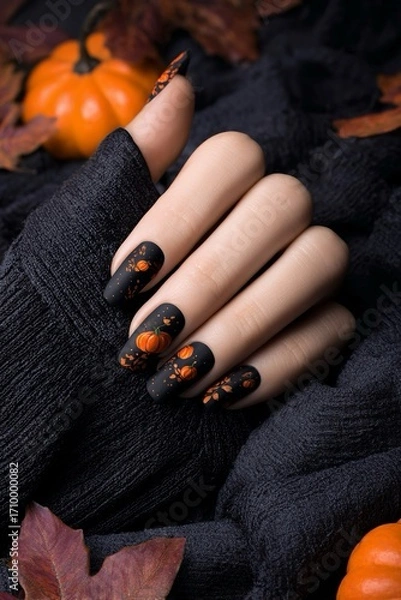 Fototapeta Una mano femminile con unghie decorate con motivi di zucca color arancione su uno sfondo nero lucido, circondato da zucche e foglie autunnali per festeggiare  Halloween.