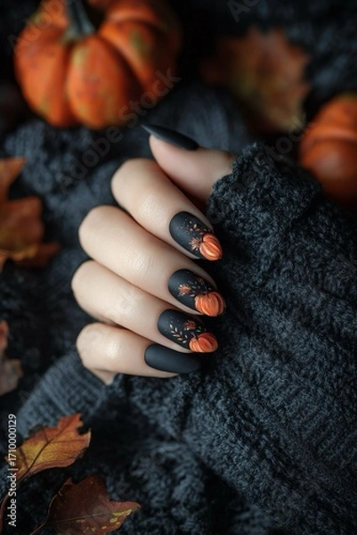 Fototapeta Una mano femminile con unghie decorate con motivi di zucca color arancione su uno sfondo nero lucido, circondato da zucche e foglie autunnali per festeggiare  Halloween.