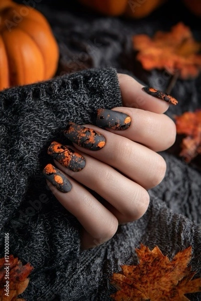 Fototapeta Una mano femminile con unghie decorate con motivi di zucca color arancione su uno sfondo nero lucido, circondato da zucche e foglie autunnali per festeggiare  Halloween.