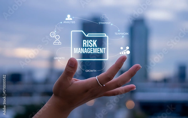 Obraz Hands interact with futuristic digital interface displaying risk management data and analytics illustration