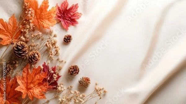 Fototapeta Composizione di foglie d'autunno e fiori secchi su uno sfondo di tessuto bianco, evocando la bellezza della stagione.