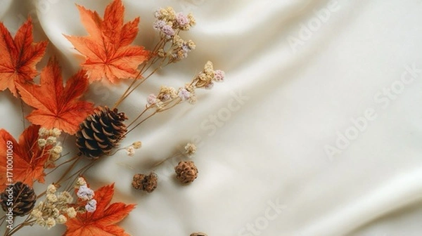 Fototapeta Un'immagine autunnale mostra una composizione elegante di foglie arancioni, pigne e fiori secchi, disposti con grazia su un tessuto bianco crema.
