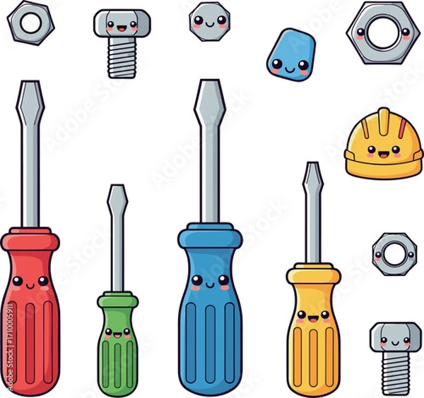 Fototapeta Collection of colorful screwdrivers nuts bolts and hard hat
