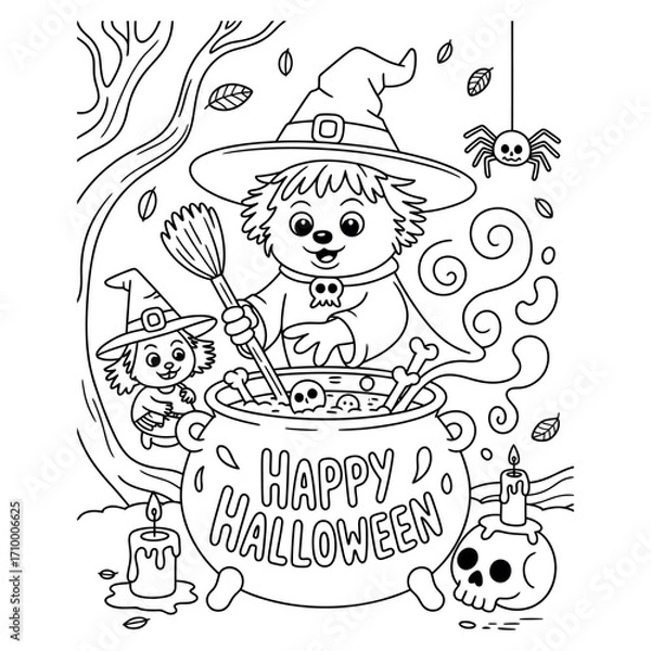 Fototapeta Spooky Halloween themed coloring book page featuring classic monsters and festive elements for children creative fun