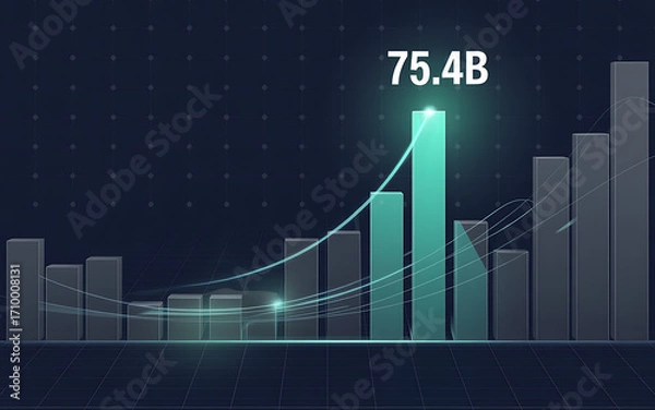 Obraz Digital financial growth chart with rising bar graph and numerical data 75.4b illustration
