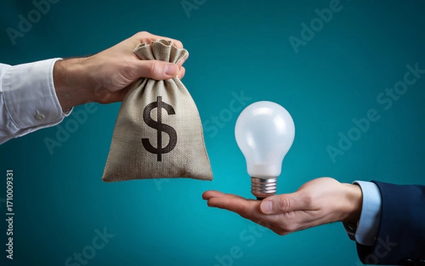 Obraz Hands exchanging money bag for glowing light bulb symbolizing investment in innovation and ideas illustration