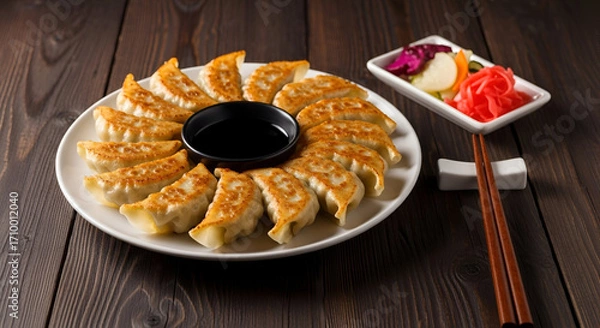 Fototapeta side view of gyoza dumplings with sauce on wood background 