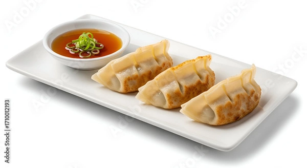 Fototapeta side view of  gyoza dumplings with sauce on white platter 