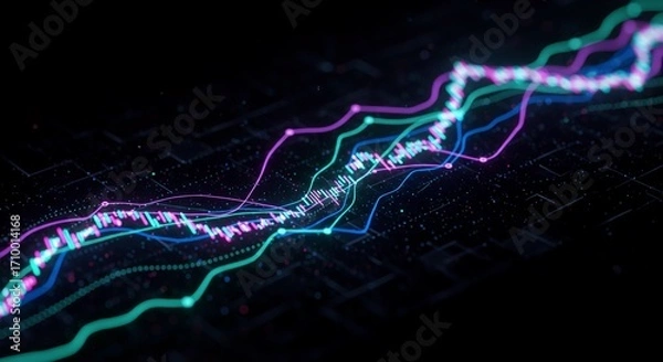Fototapeta Abstract digital visualization of financial market data with glowing lines and charts on a dark background, representing growth and trends.