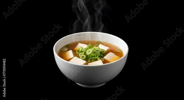 Fototapeta side view of  hot miso soup in bowl on black background 