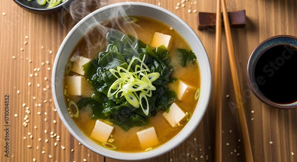 Fototapeta top view of miso soup with chopsticks on wood table 