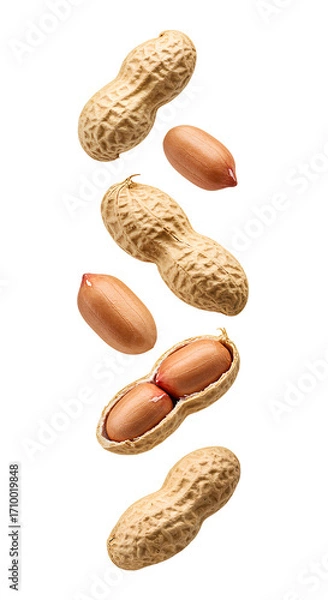 Fototapeta Peanuts PNG. Raw and fresh peanuts falling down isolated. Peanut in shell scattered png. Organic peanuts for diet and wellness visuals isolated
