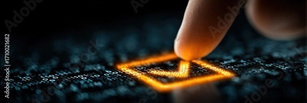 Obraz Glowing orange checkmark on dark textured surface with finger touching. Blurry background.