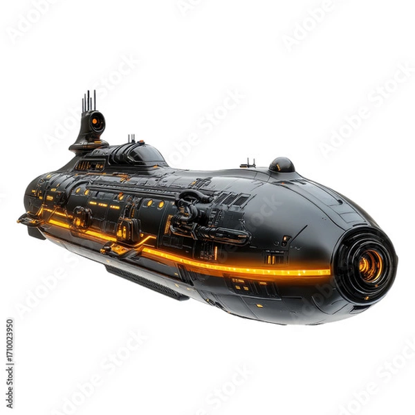 Fototapeta A sleek, futuristic submarine with a streamlined design and glowing orange accents.