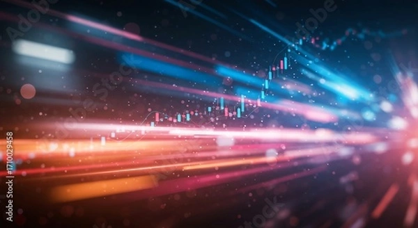 Fototapeta Abstract background of high-speed light trails representing a futuristic digital data stream and financial chart analysis.