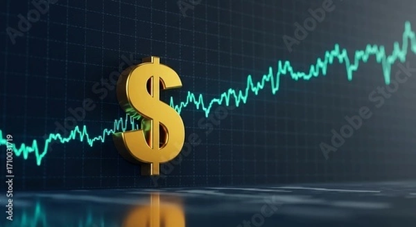Fototapeta A golden dollar sign is placed in front of a rising stock market graph, symbolizing financial growth and economic prosperity.