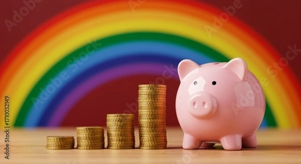 Fototapeta Pink piggy bank with growing stacks of gold coins in front of a rainbow.