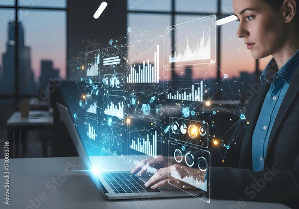 Fototapeta Business person using AI on a laptop. Business AI Collaboration