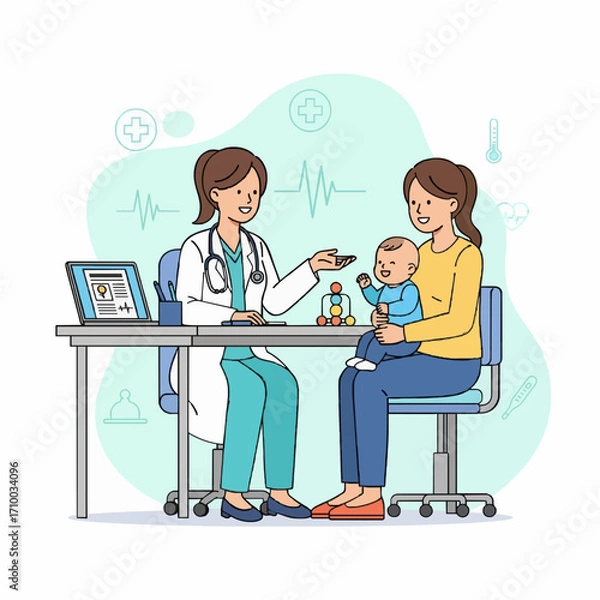 Obraz Pediatrician's compassionate consultation with a young mother and her baby, focusing on infant health and well-being at a modern medical clinic